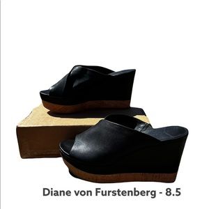 Diane von Furstenberg Black Manila Leather Wedge Platform Sandals Size 8.5M